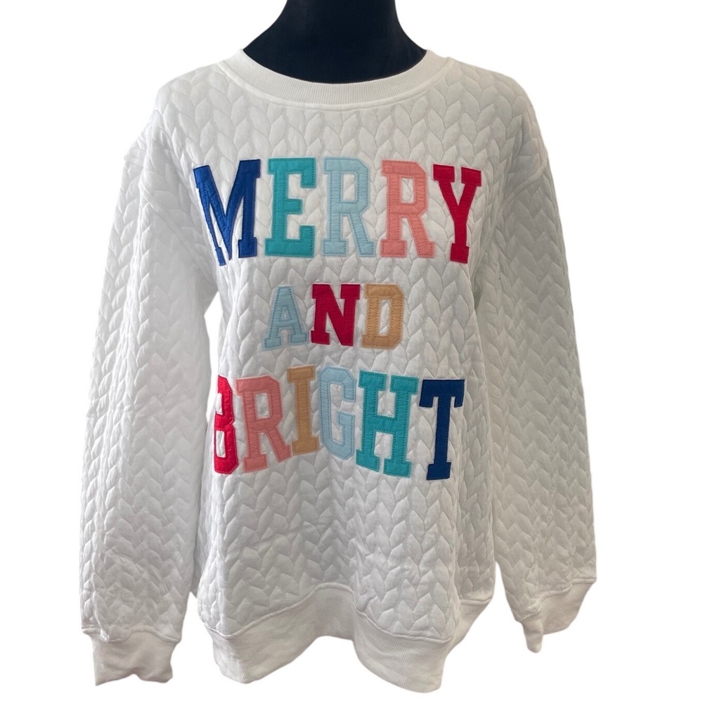Merry and Bright White Quilted Holiday Sweatshirt Womens Medium Multicolor Text